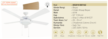 Kaşkar Taflan D52018 60W Metalik Beyaz Gövde Ahşap 5 Kanatlı Tavan Tipi Vantilatörü