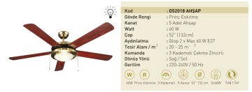 Kaşkar Taflan D52018 60W Prinç Eskitme Gövde Ahşap 5 Kanatlı Tavan Tipi Vantilatörü