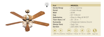 Kaşkar Taflan M52022L 60W Prinç Eskitme Gövde Ahşap 5 Kanatlı Tavan Tipi Vantilatörü