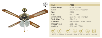 Kaşkar Taflan F900 60W Prinç Eskitme Gövde Ahşap 4 Kanatlı Tavan Tipi Vantilatörü