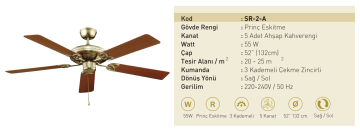 Kaşkar Taflan SR-2-A 55W Prinç Eskitme Gövde Ahşap 5 Kanatlı Tavan Tipi Vantilatörü