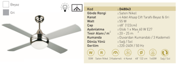 Kaşkar Taflan D48043 55W Işıklı Saten Nikel Gövde Ahşap 4 Kanatlı Tavan Tipi Vantilatörü