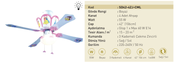 Kaşkar Taflan SD42-4ZJ-CML 55W Işıklı Beyaz Gövde Ahşap 4 Kanatlı Tavan Tipi Vantilatörü