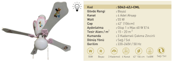 Kaşkar Taflan SD42-4ZJ-CML 55W Işıklı Beyaz Gövde Ahşap 4 Kanatlı Tavan Tipi Vantilatörü