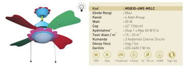 Kaşkar Taflan MSB30-4WE-MSLC 55W Işıklı Mavi Gövde Ahşap 4 Kanatlı Tavan Tipi Vantilatörü