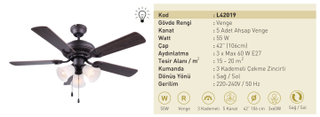 Kaşkar Taflan L42019 55W Işıklı Venge Gövde Ahşap 5 Kanatlı Tavan Tipi Vantilatörü