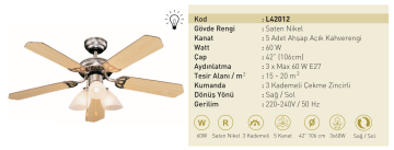 Kaşkar Taflan L42012 60W Işıklı Saten Nikel Gövde Ahşap 5 Kanatlı Tavan Tipi Vantilatörü