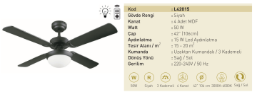 Kaşkar Taflan L42015 50W Işıklı Metal Gövde Mdf 4 Kanatlı Tavan Tipi Vantilatörü