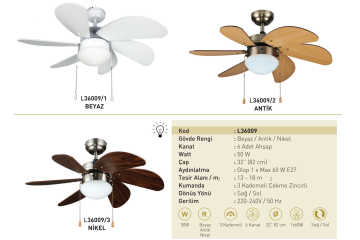Kaşkar Taflan L36009 50W Işıklı Metal Gövde Ahşap 6 Kanatlı Tavan Tipi Vantilatörü