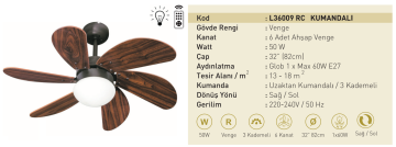 Kaşkar Taflan L36009 RC 50W Işıklı Metal Gövde Venge Ahşap 6 Kanatlı Tavan Tipi Vantilatörü