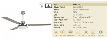 Kaşkar Taflan K48010 70W Işıklı Metal Saten Nikel Gövde Paslanmaz 3 Kanatlı Tavan Tipi Vantilatörü