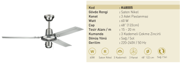 Kaşkar Taflan K48005 60W Metal Saten Nikel Gövde Paslanmaz 3 Kanatlı Tavan Tipi Vantilatörü