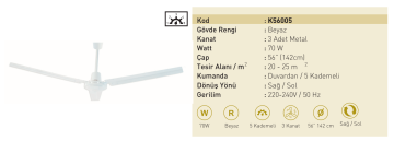 Kaşkar Taflan K56005 70W Metal Gövde Paslanmaz 3 Kanatlı Tavan Tipi Vantilatörü