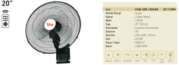 Kaşkar Taflan FAW-20R 130W Kumandalı 3 Kademeli Metal Gövde Sanayi Tipi Duvar Vantilatörü 52CM