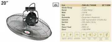 Kaşkar Taflan FAR-20 130W 5 Kademeli Metal Gövde Sanayi Tipi Tavan Vantilatörü 52CM