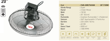 Kaşkar Taflan FAR-20R 130W Kumandalı 5 Kademeli Metal Gövde Sanayi Tipi Tavan Vantilatörü 52CM