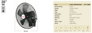 Kaşkar Taflan FAW-20PR 130W Kumandalı 3 Kademeli Metal Gövde Sanayi Tipi Duvar Vantilatörü 50CM