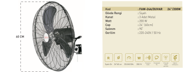 Kaşkar Taflan FAW-24 200W 3 Kademeli Metal Gövde Sanayi Tipi Duvar Vantilatörü 60CM