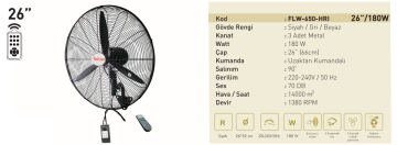 Kaşkar Taflan FLW-650-HR 180W Kumandalı 3 Kademeli Metal Gövde Sanayi Tipi Duvar Vantilatörü 66CM