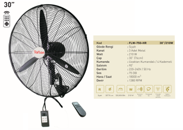 Kaşkar Taflan FLW-750-HR 210W Kumandalı 4 Kademeli Metal Gövde Sanayi Tipi Duvar Vantilatörü 76CM
