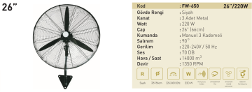 Kaşkar Taflan FW-650 220W Kumandalı 3 Kademeli Metal Gövde Sanayi Tipi Duvar Vantilatörü 66CM