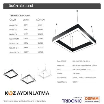 Kare Linear Aydınlatma Modern Led Avize Lineer Armatür 80x80CM - 4000K (Natural Işık) - Beyaz - Askısız