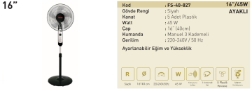 Kaşkar Taflan FS-40-827 45W 3 Kademeli Siyah Gövde Ayaklı Vantilatörü 40CM