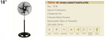 Kaşkar Taflan 75W 3 Kademeli 5 Pervaneli Siyah Gövde Sanayi Tipi Ayaklı Vantilatörü 45CM