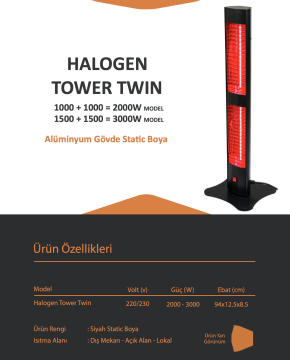 Ardonat 3000W Kumandalı Dikili Tipi Dış Mekan Kafe Restoran Isıtıcı Çift Gözlü Devrilme Emniyetli Halogen Black