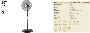 Kaşkar Taflan FAS-20R 130W 3 Kademeli Kumandalı Siyah Gövde Sanayi Tipi Ayaklı Vantilatörü 52CM