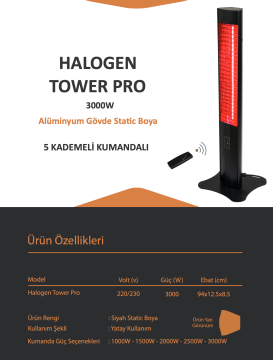 Ardonat 4000W Kumandalı Dikili Tipi Dış Mekan Kafe Restoran Isıtıcı Çift Gözlü Devrilme Emniyetli Halogen Black