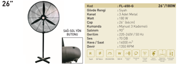 Kaşkar Taflan FL-650-G 180W 3 Kademeli Siyah Gövde Sanayi Tipi Ayaklı Vantilatörü 66CM