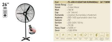 Kaşkar Taflan FL-650-HR 180W 4 Kademeli Kumandalı Siyah Gövde Sanayi Tipi Ayaklı Vantilatörü 66CM