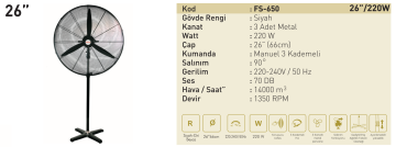 Kaşkar Taflan FS-650 220W 3 Kademeli Siyah Gövde Sanayi Tipi Ayaklı Vantilatörü 66CM