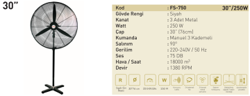 Kaşkar Taflan FS-750 250W 3 Kademeli Siyah Gövde Sanayi Tipi Ayaklı Vantilatörü 76CM