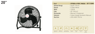 Kaşkar Taflan FF500-A 130W 3 Kademeli Siyah Gövde Sanayi Tipi Yer Masa Vantilatörü 52CM