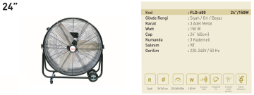 Kaşkar Taflan FLD-600 150W 3 Kademeli Siyah Gövde Sanayi Tipi Yer Masa Vantilatörü 60CM
