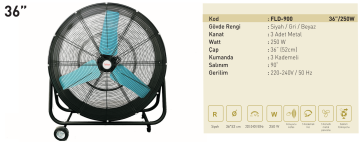 Kaşkar Taflan FLD-900 250W 3 Kademeli Siyah Gövde Sanayi Tipi Yer Masa Vantilatörü 90CM