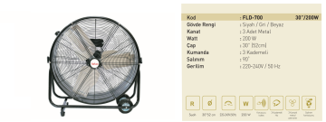 Kaşkar Taflan FLD-700 200W 3 Kademeli Siyah Gövde Sanayi Tipi Yer Masa Vantilatörü 75CM