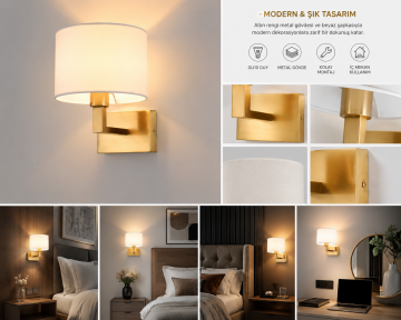 Monaco Gold Otel Yatak Başı Apliği Kumaş Şapkalı Duvar Abajuru E27