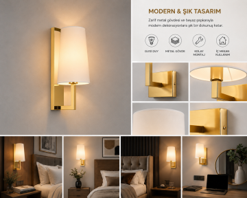 Vienna Gold Otel Yatak Başı Apliği Kumaş Şapkalı Duvar Abajuru E27