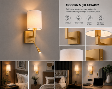 Geneva Gold Kumaş Şapkalı Led Okuma Lambalı Otel Yatak Başı Duvar Abajuru