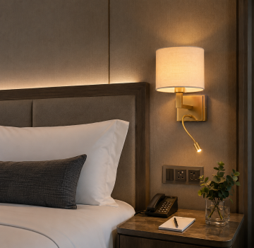 Geneva Gold Kumaş Şapkalı Led Okuma Lambalı Otel Yatak Başı Duvar Abajuru