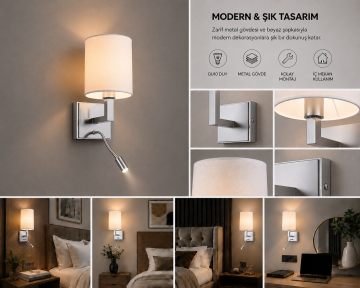 Geneva Krom Kumaş Şapkalı Led Okuma Lambalı Otel Yatak Başı Duvar Abajuru