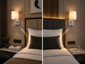 Geneva Krom Kumaş Şapkalı Led Okuma Lambalı Otel Yatak Başı Duvar Abajuru
