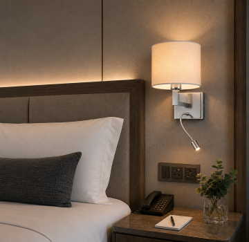 Geneva Krom Kumaş Şapkalı Led Okuma Lambalı Otel Yatak Başı Duvar Abajuru