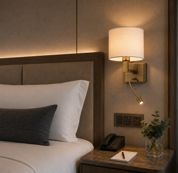 Geneva Eskitme Kumaş Şapkalı Led Okuma Lambalı Otel Yatak Başı Duvar Abajuru