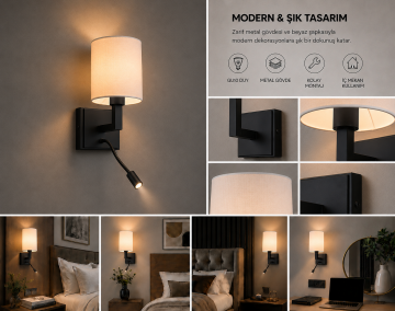 Geneva Siyah Kumaş Şapkalı Led Okuma Lambalı Otel Yatak Başı Duvar Abajuru