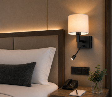 Geneva Siyah Kumaş Şapkalı Led Okuma Lambalı Otel Yatak Başı Duvar Abajuru