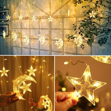 Animasyonlu AyYıldız Neon Yılbaşı Perde Süsü 60-90 Cm 3 Metre AyYıldız Neon Ledli Yılbaşı Süsü SNC-609-1